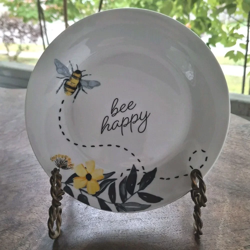 6 Royal Norfolk Bee Happy Luncheon Salad Dessert Plates 7.5" Yellow Floral Bees - Picture 2 of 4